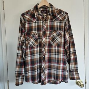 Vintage Wrangler Men's M Plaid Snap Front Shirt - Brown and Black